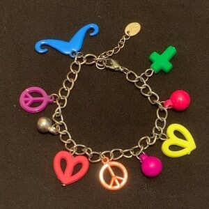 Y2K Rainbow Heart Cross Peace Sign Mustache Charm Bracelet 7” + 1” extender